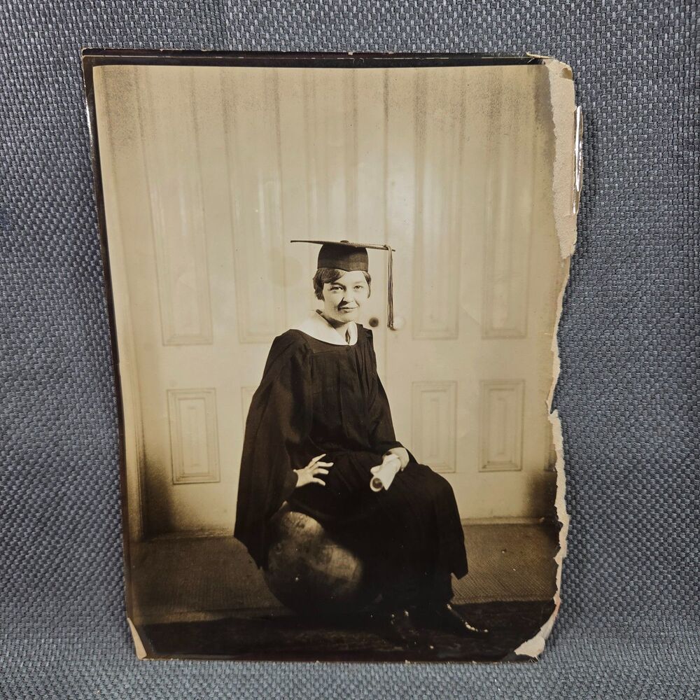 Antique 1920s Young Woman Graduation Portrait Photo Mortarboard Cap Diploma